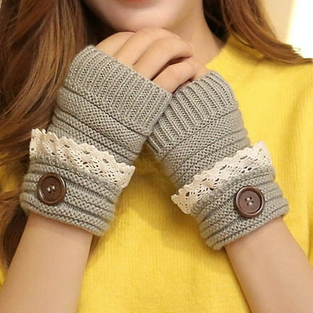 Button Fingerless Gloves - SHOPFIVE 1Pair Fashion Women Winter Knitted Warm Fingerless Gloves Women Lace Button Wrist Soft Mittens Good Gifts