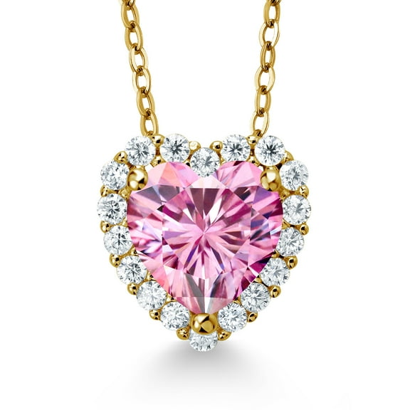 Gem Stone King 18K Yellow Gold Plated Silver Heart Shape Pendant Necklace with Chain Pink and White Moissanite (1.29 Cttw)