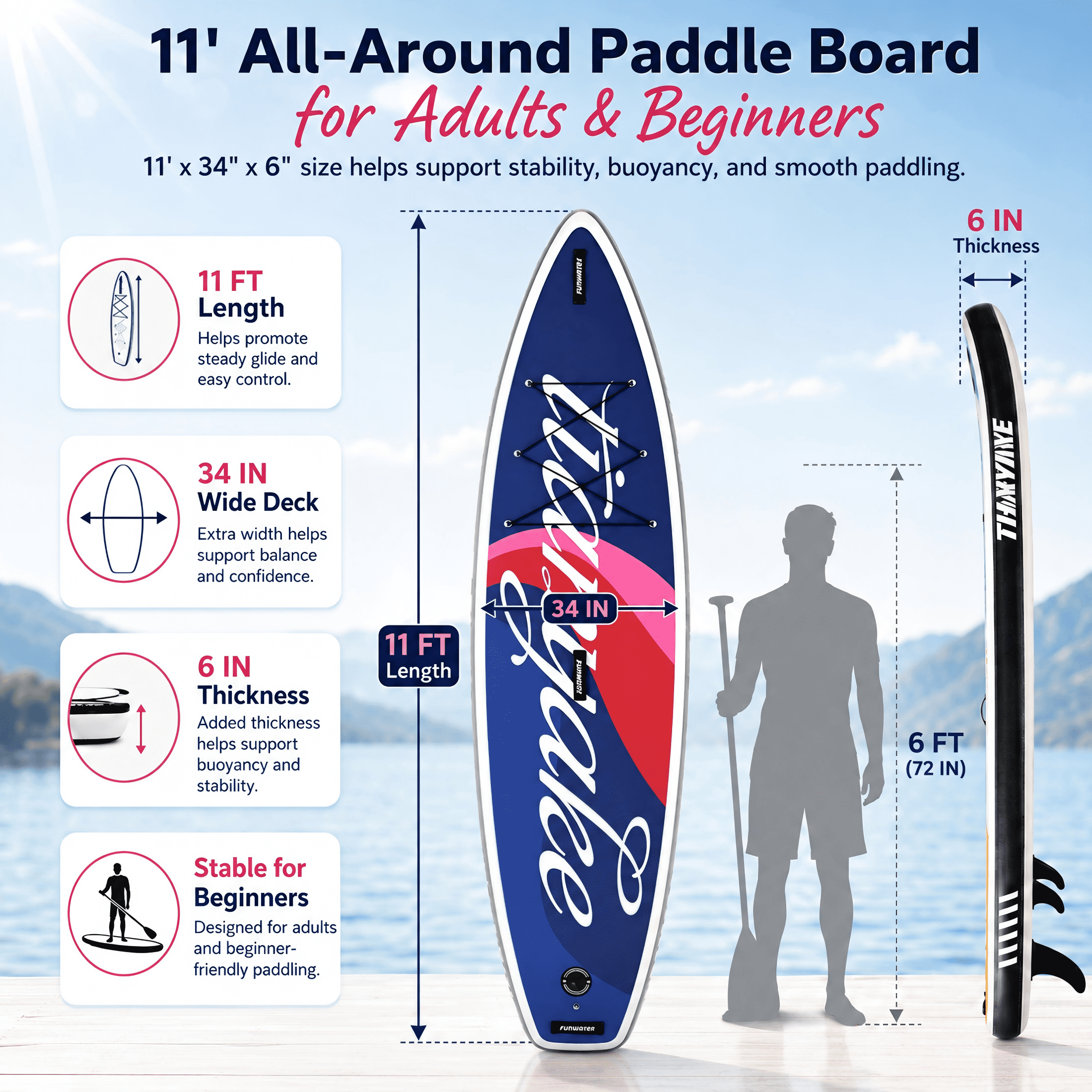 Rayocon 11ft Inflatable Paddle Board, Stand Up SUP Board for Adults & Beginners, Wide Paddleboard with Premium Accessories, Blue Red