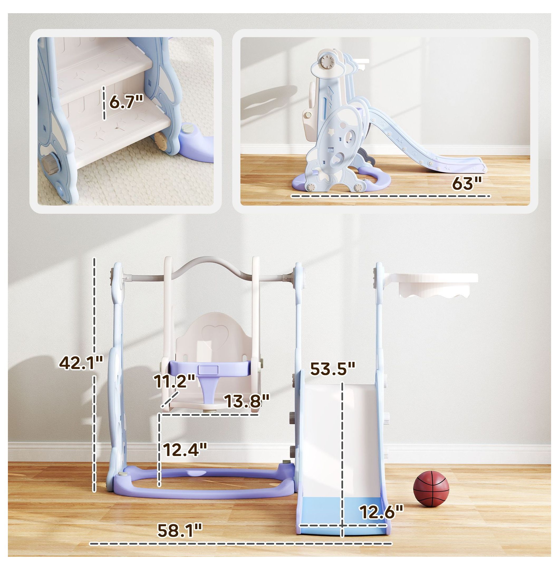 Toddler 4-in-1 Swing Set & Slide - Indoor Playground for 1.5-4 Year Olds - Light Blue - Rocket Design with Climber & Basketball Hoop