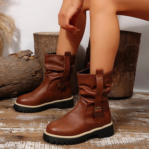 EKVAHL Womens Combat Boots Soft Faux Leather Buckle Strap Ankle Booties, Non Slip Lug Platform Block Heel Fashion Casual Shoes Fall Winter Outdoor Riding Shoe