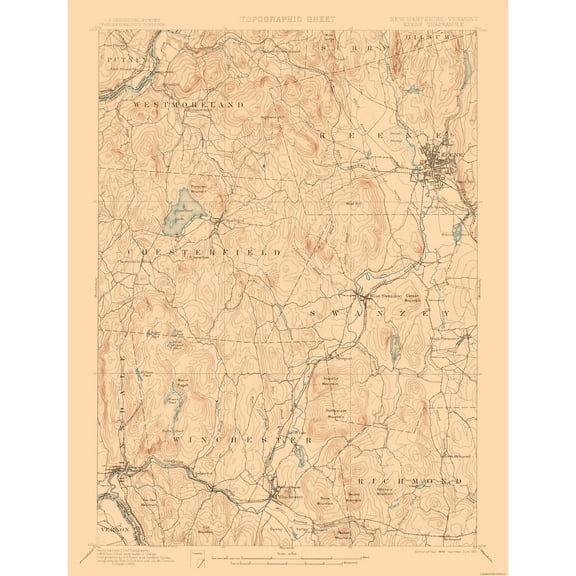 Topographical Map - Keene New Hampshire Quad - USGS 1898 - Vintage Wall Art