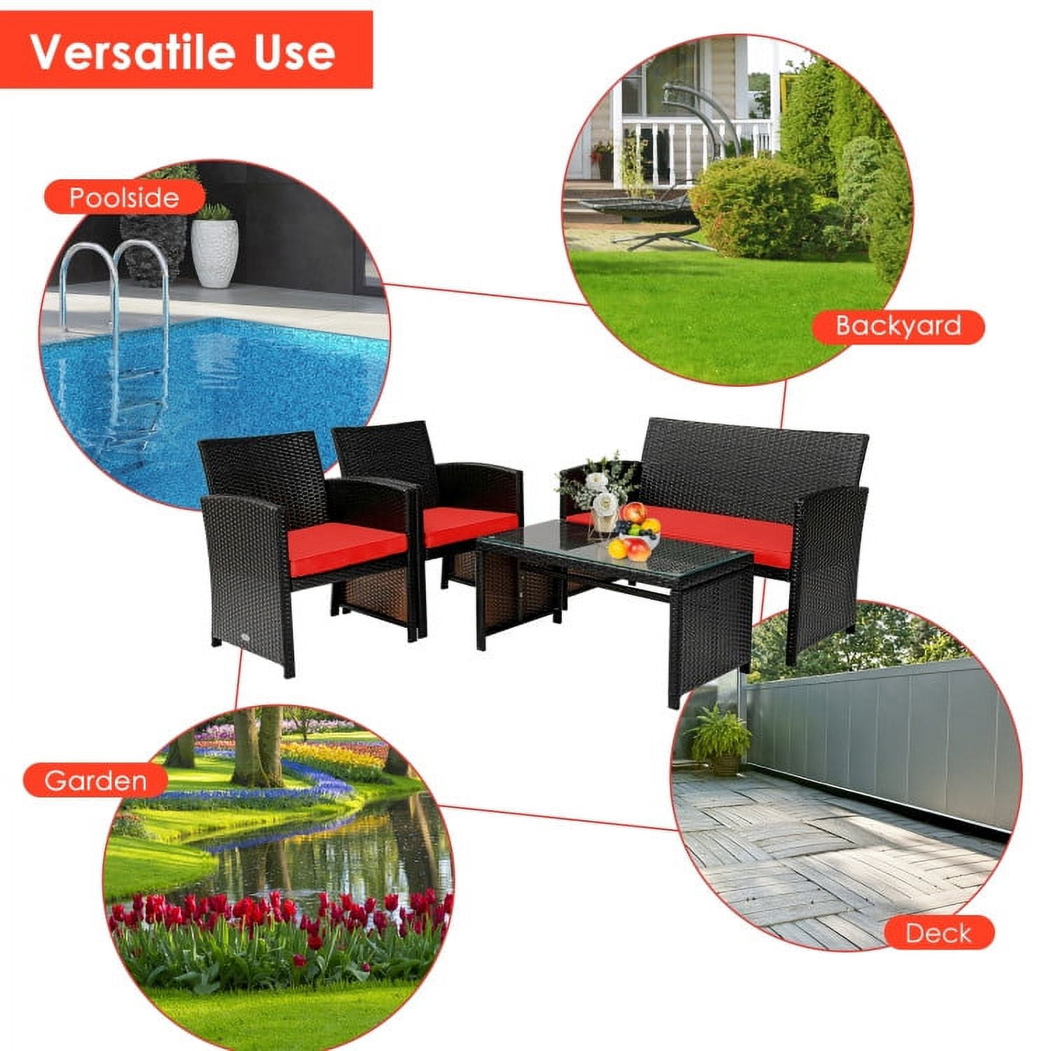 Aimee Lii 4 Pieces Wicker Patio Furniture Set, Coffee Table Cushioned Sofa, Modern Patio Furniture, Red Aimee Lii 4 Pieces Wicker Patio Furniture Set, Coffee Table Cushioned Sofa, Modern Patio Furniture, Red