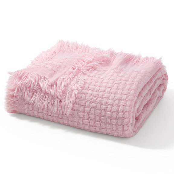 Exclusivo Mezcla Knitted Throw Blanket with Fringes for Couch, Soft and Warm Textured Throw for All Season, Lightweight Breathable Room Decor, Pink, 50”x60”