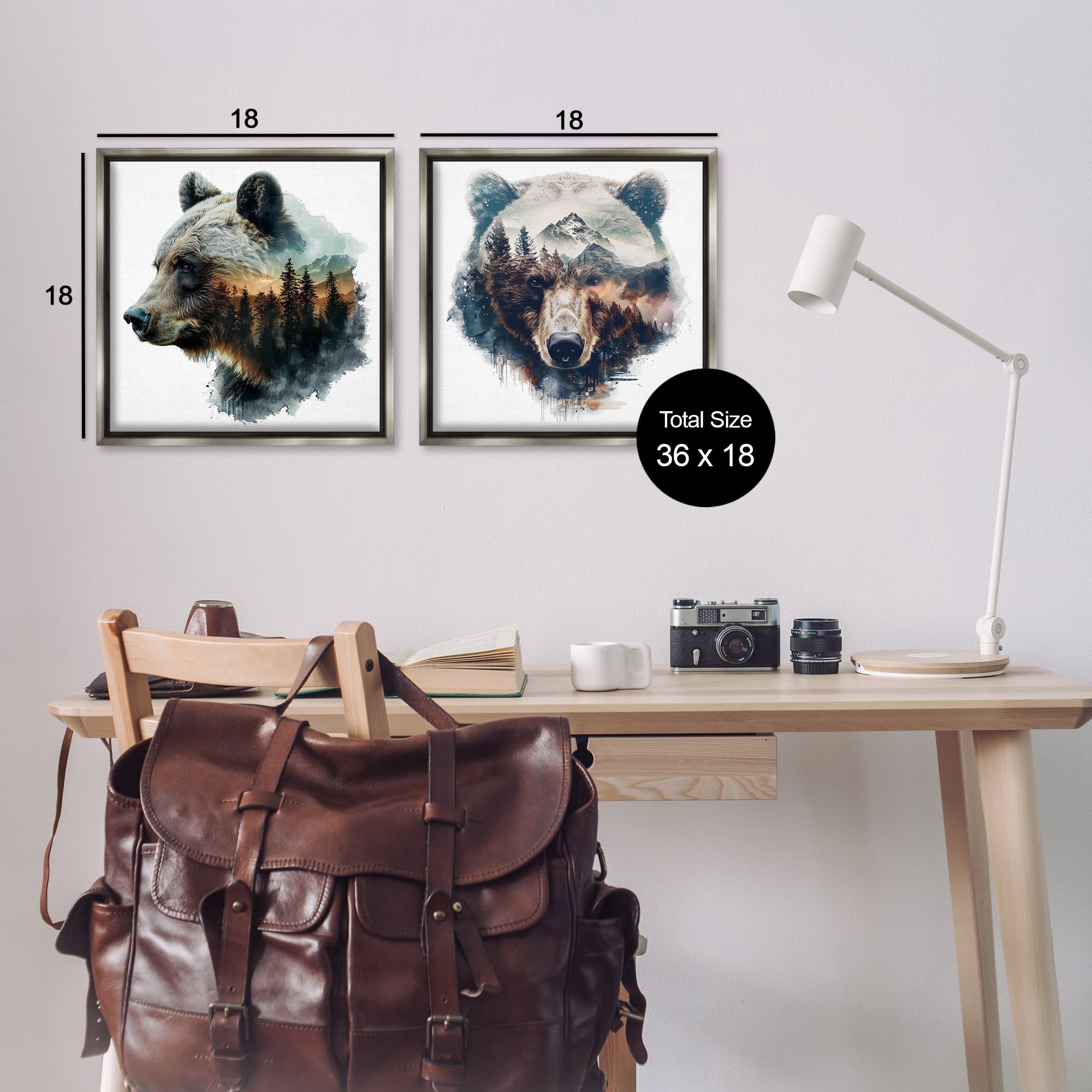 Stupell Industries Woodland Bear Forest Silhouettes Animals Painting Gray Floater Framed Canvas Art Print Wall Art, 18 x 18, Set of 2