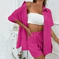 thumbnail image 5 of Holzkary Women's Summer Cotton Linen Short Sets 2 Piece Shorts Top Lounge Beach Vacation Fashion Casual Cardigan Short Sleeve Shorts 2 Piece Set Woman Summer Hot Pink M, 5 of 6