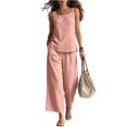 thumbnail image 3 of Linen-Blend Sleeveless Tank Top & Wide Leg Pants Two Piece Set for Women, Square Neck Loose Fit Palazzo Lounge Outfit - Solid Color Summer Casual Co-ord Pink S, 3 of 5