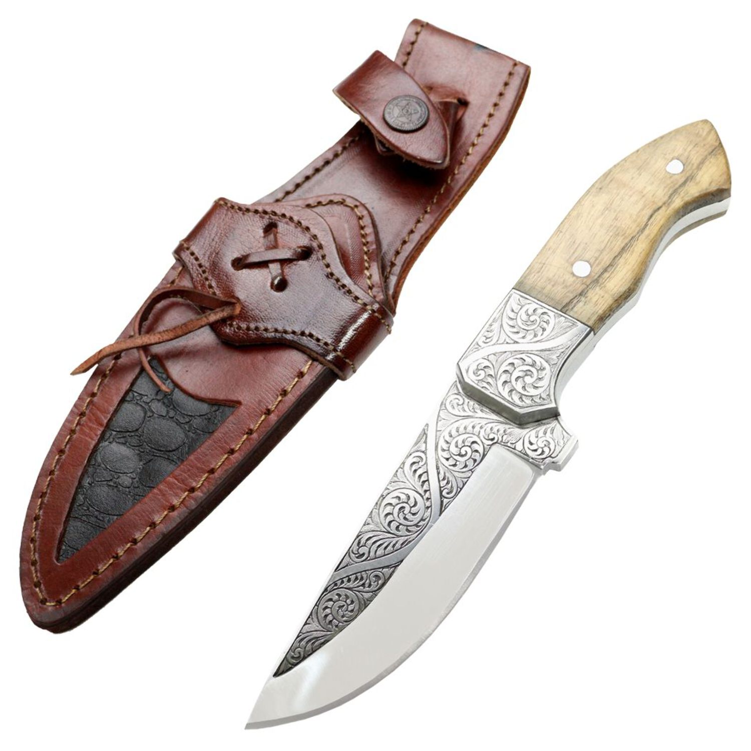 TheBoneEdge 10" Engraved Blade Ash Wood Handle Custom Hand Made Tracker Hunting knife With Sheath