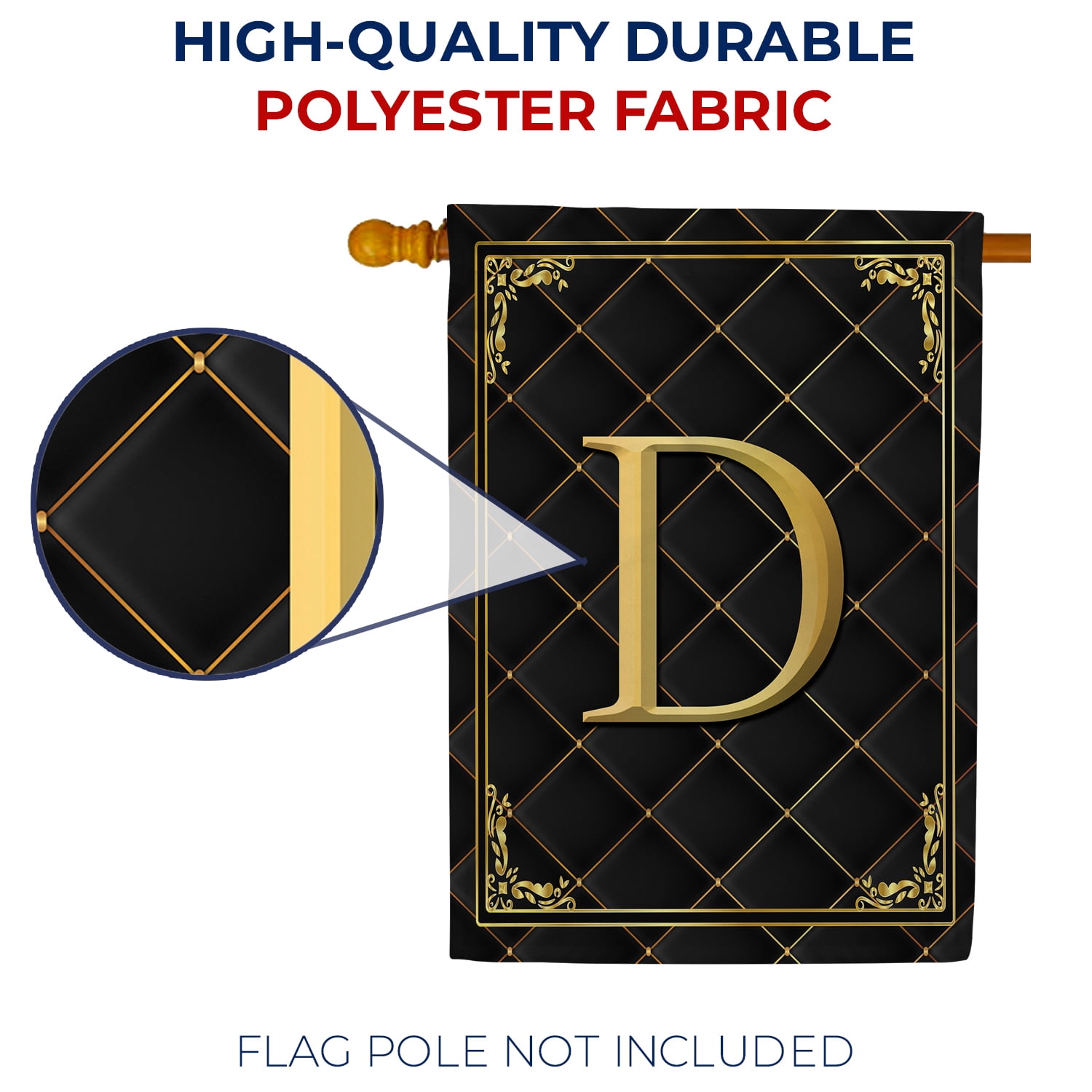 America Forever Monogram D House Flag, 28 x 40 inch Double Sided, Black Gold Quilted Design, Decorative Letter D Flag, Elegant Monogrammed Banner, Personalized Initial Outdoor Decor, Yard Flag