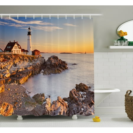 Lighthouse Bathroom Decor (United States Shower Curtain, Cape Elizabeth Maine River Portland Lighthouse Sunrise USA Coast Scenery, Fabric Bathroom Set with Hooks, Pale Blue Tan, by)