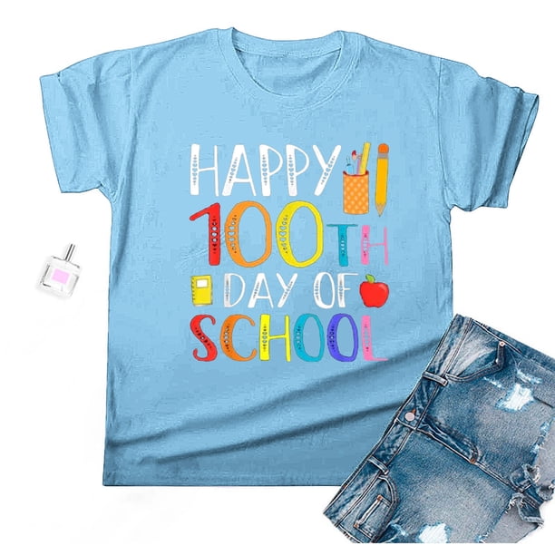 Fiudx Ropa de Mujer Camiseta Escolar para Mujer, Camiseta de Profesora de 100 Días, Camiseta Feliz de 100 Días, Impresión de Letras, Enseñanza, Manga Corta