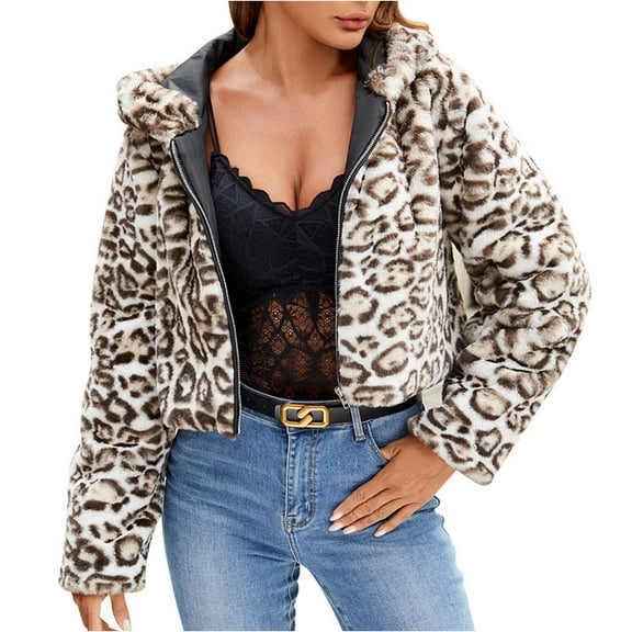 Mgmyaa Women's Printed Hooded Faux Fur Coat Jacket Winter Leopard Pattern Short Pile Outerwear