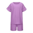 thumbnail image 3 of Girls Spring Outfits Summer Solid Round Neck Short Sleeve Top with Shorts Elastic Waist Set Girls' Clothing Sets Purple 14-15T, 3 of 9