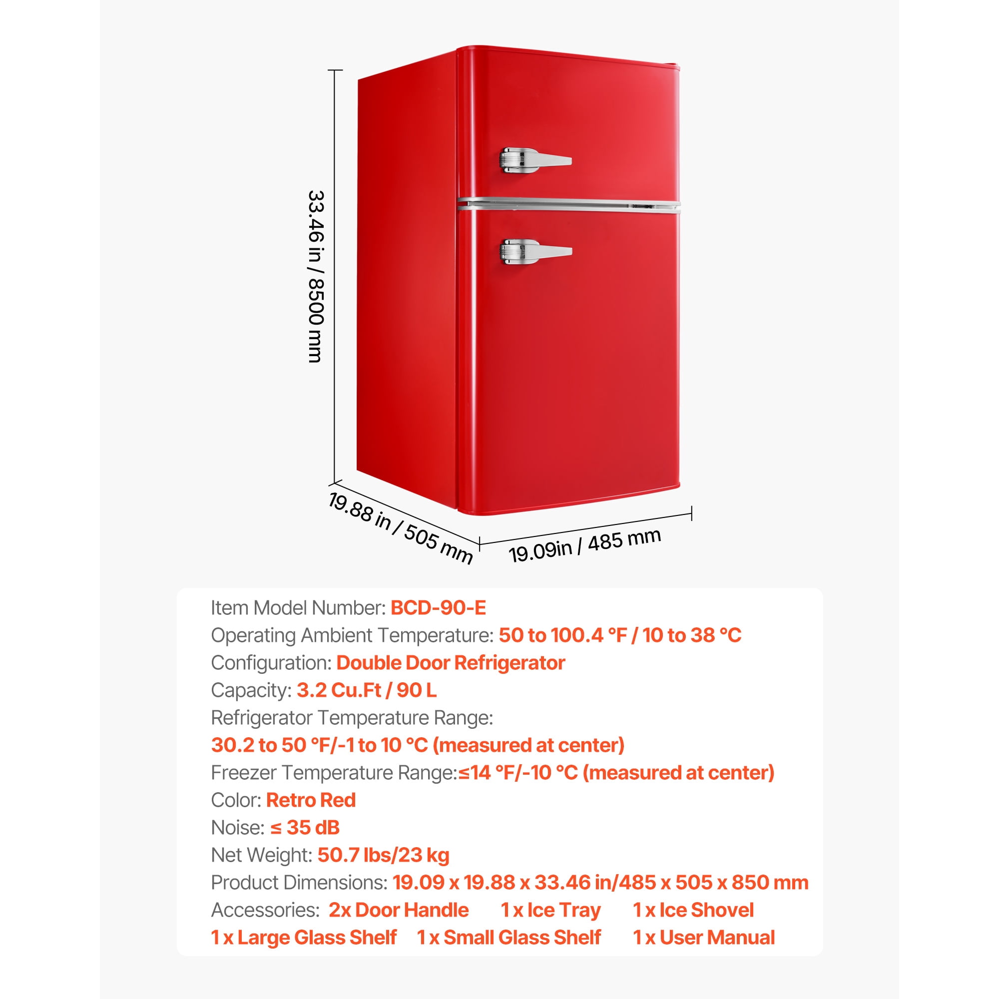 KFFKFF Compact Mini Fridge with Freezer, 3.2 Cu.Ft, Dual-Door Refrigerator with Adjustable Temperature, Glass Shelves, Energy-Saving Design, Quiet Operation, Ideal for Bedroom, Office, Red