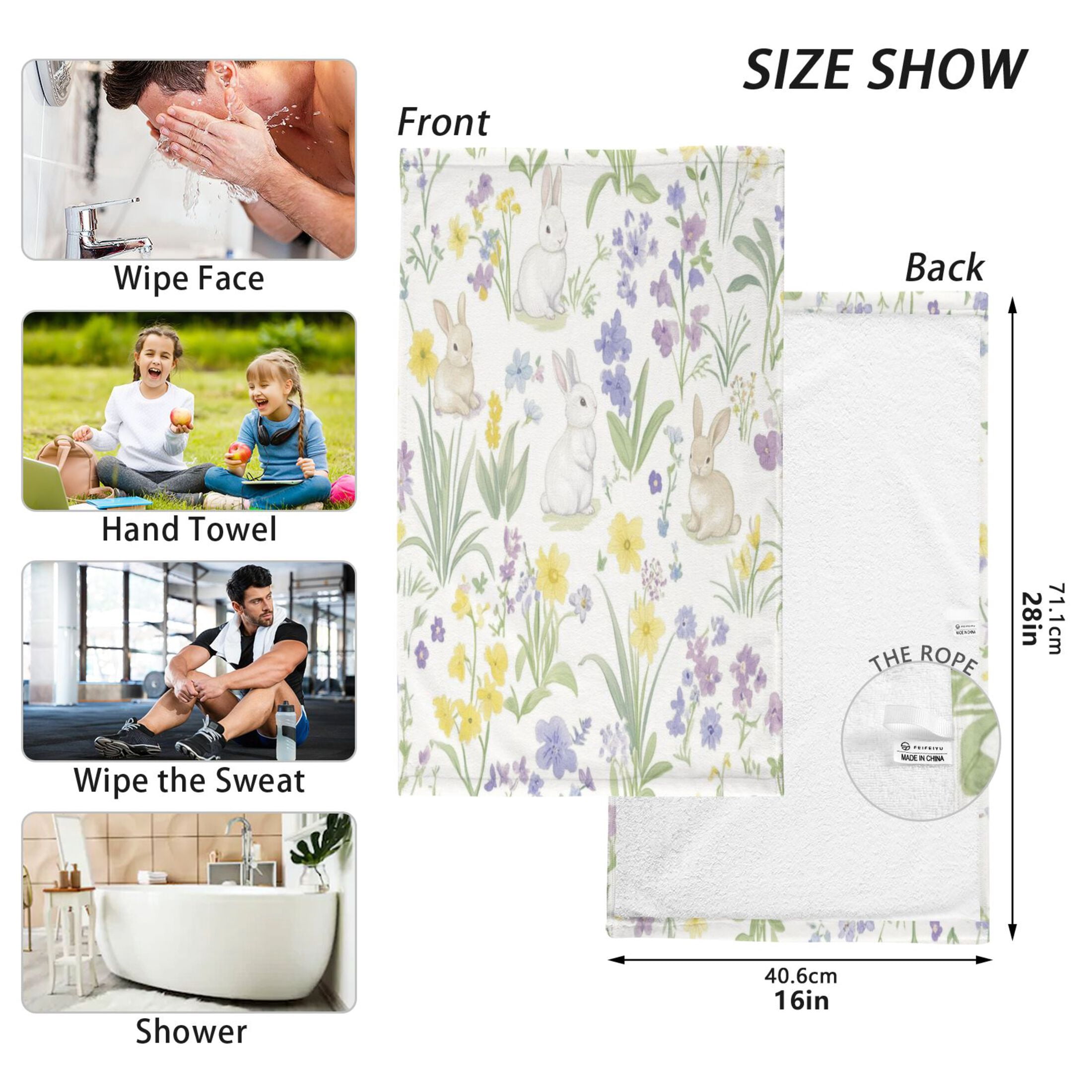 2 Pcs Absorbent Face Towel Bath Hand Towels Soft Breathable Cotton Towel Set for Bathroom Kitchen Hotel Spa Decor Spring Garden with Bunnies