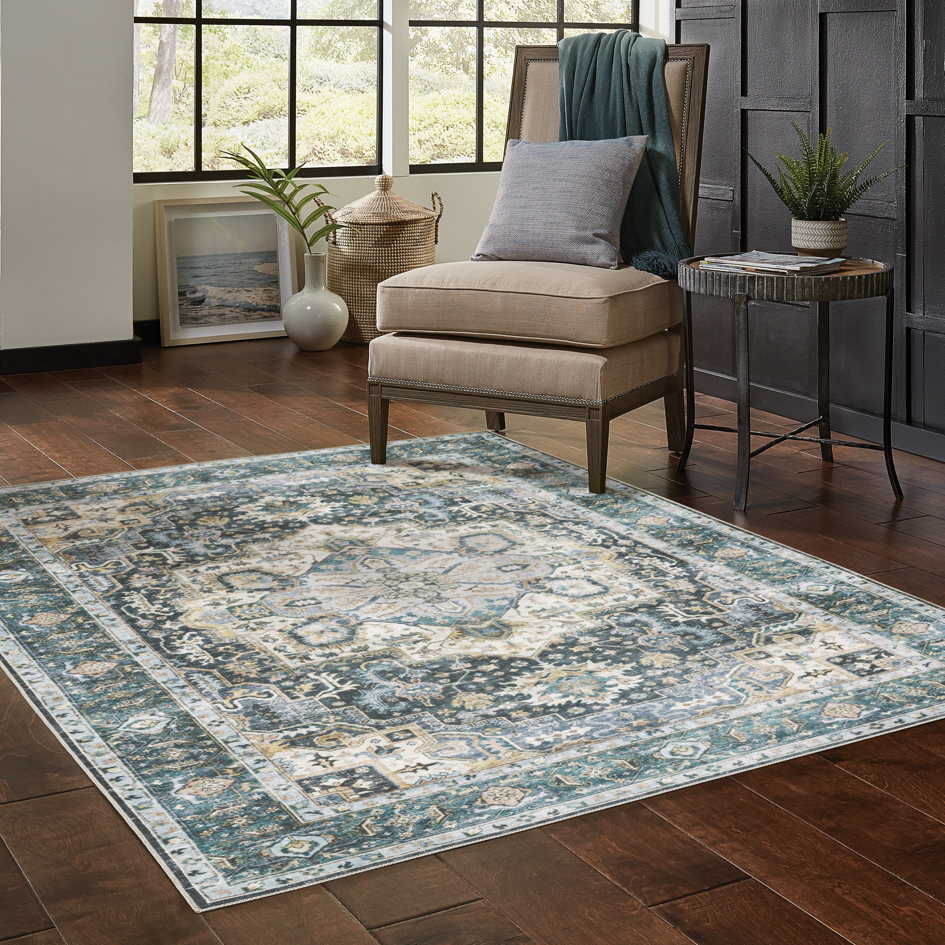 Avalon Home Celeste Washable Center Medallion Blue/ Ivory Indoor Area Rug