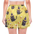 thumbnail image 3 of Women's Satin Pajama Shorts Yellow Background with Black Cat with Pockets, Elastic Waist Sleep Lounge Shorts, 3 of 7