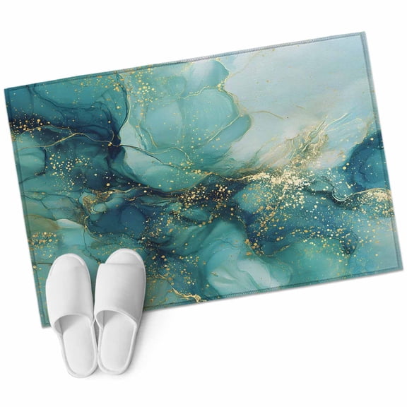 Abstracts Marble Washable Area Rug 2 x 3 ft Teal Green Glod Ombre Stone Crack Texture, Soft Non Slip Rugs Stain Repellent Indoor Felt Carpet for Living Dining Room Bedroom Home Office