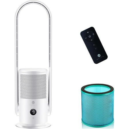 Bladeless Tower Fan and Air Prifier in one, Tre Filter 99.97% Dst Pollen Dander, Oscillating Tower Fan with Remote Control CR022D, White