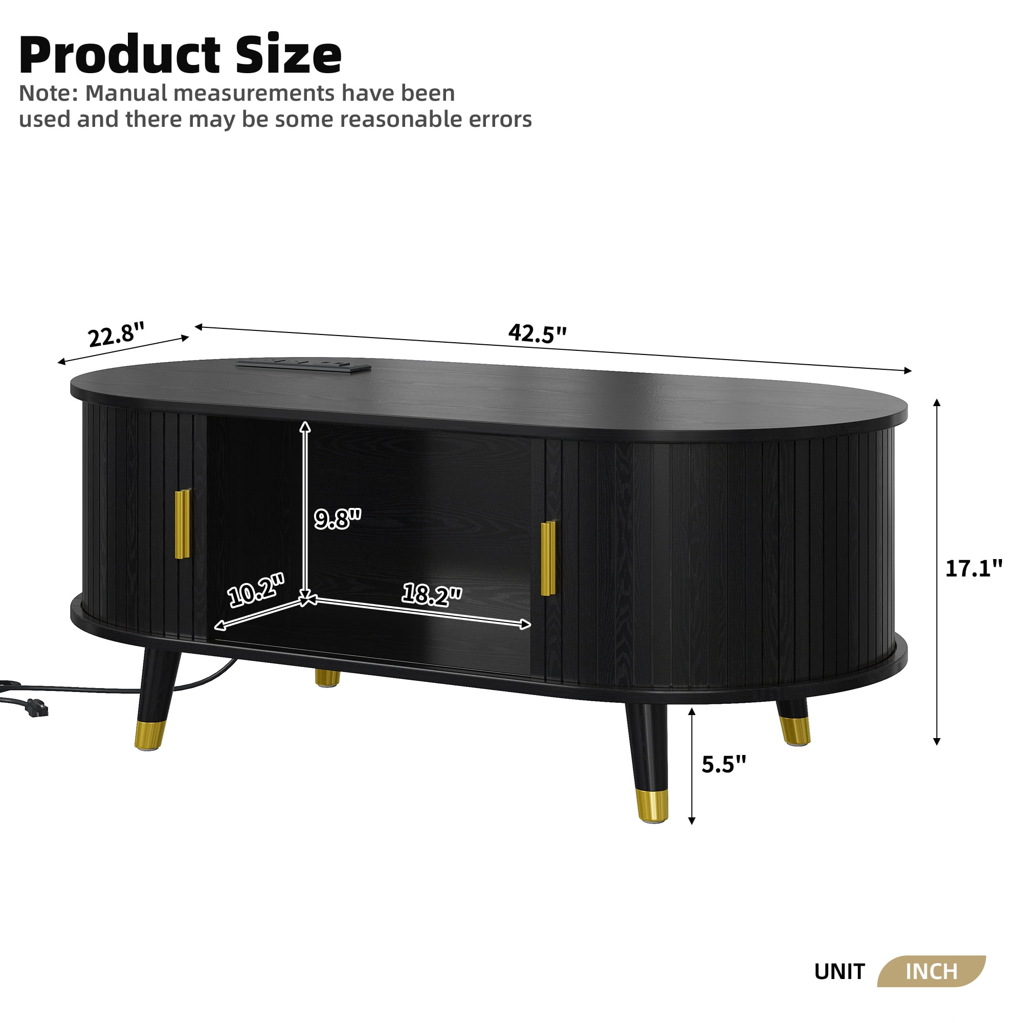 Euroco Mid-Century Modern Round Coffee Table with Fluted Sliding Doors, Charging Station, and Storage，Black