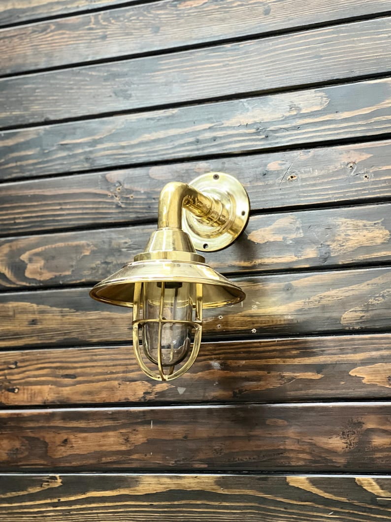 Vintage Brass Nautical Wall Light with Shade – Outdoor/Indoor Sconce with Cage and Glass Cover