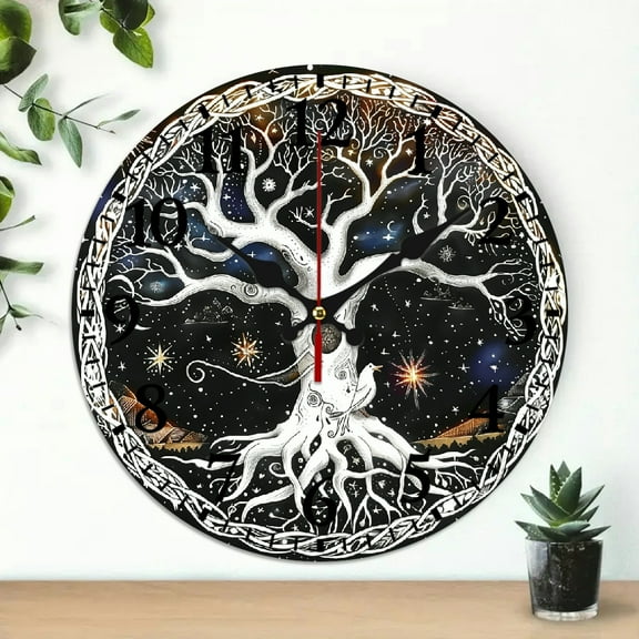 YILUYINQING Round Wooden Wall Clock for Home Decor, Tree of Life Stars Moon Print, Silent Mechanical Movement, Ideal for Living Rooms, Kitchens, Dorms, Everyday Gifts 10x10in