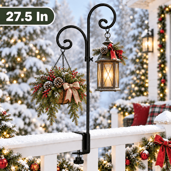 PENDALI 27.5 in Shepherds Hooks for Outdoor, Double Hook Bird Feeder Pole with Clamp-On Railing Mount for Plants, Lanterns and Garden Decor