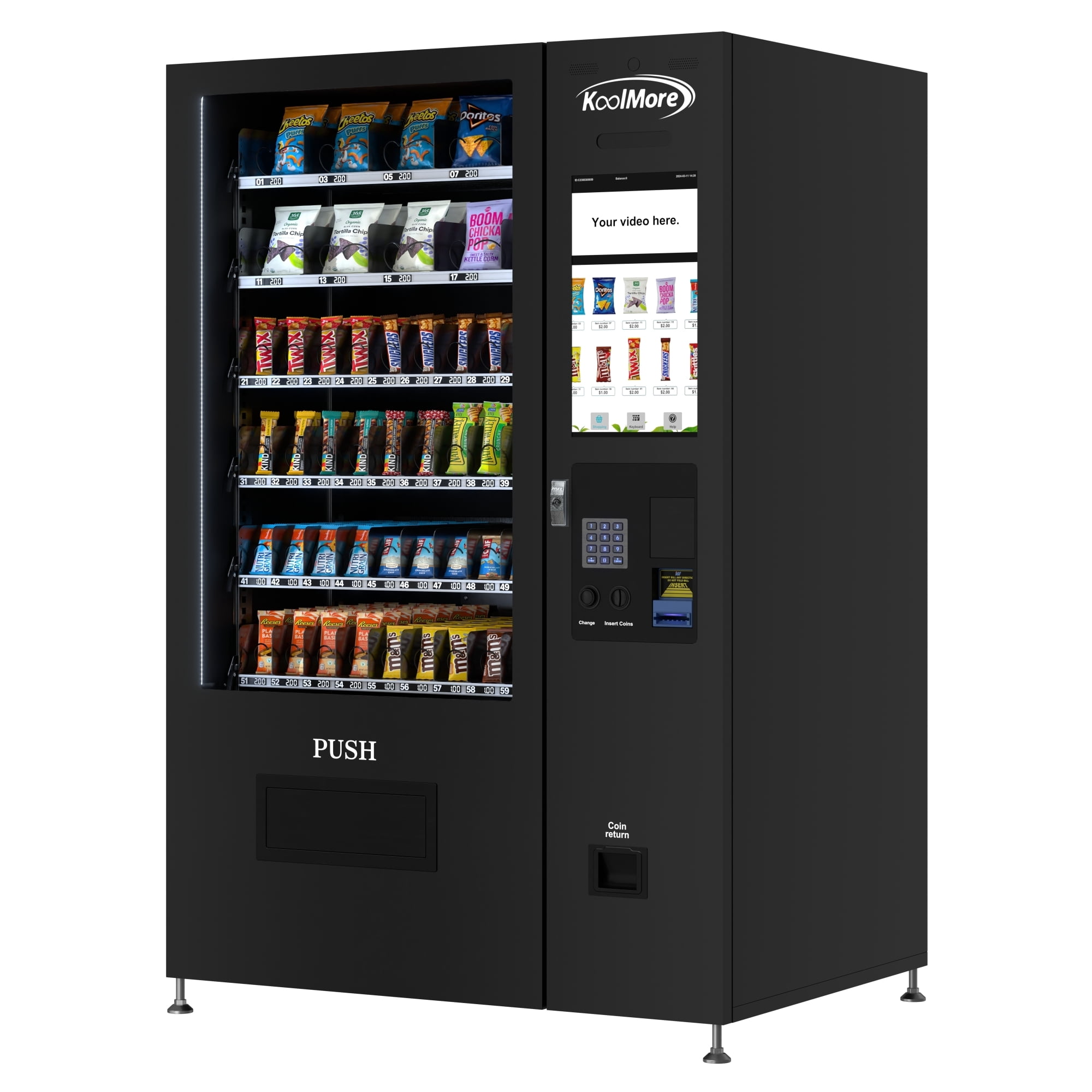 Non-Refrigerated Snack Vending Machine with 60 Slots, Coin and Bill Acceptor, and 22 Inch Touch Screen in Black (KM-VMNT-50-BC)