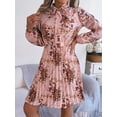 thumbnail image 5 of EASYBRAUS Women Floral Chiffon Pleated Midi Dress V Neck Long Sleeve Spring Summer Dress, 5 of 7