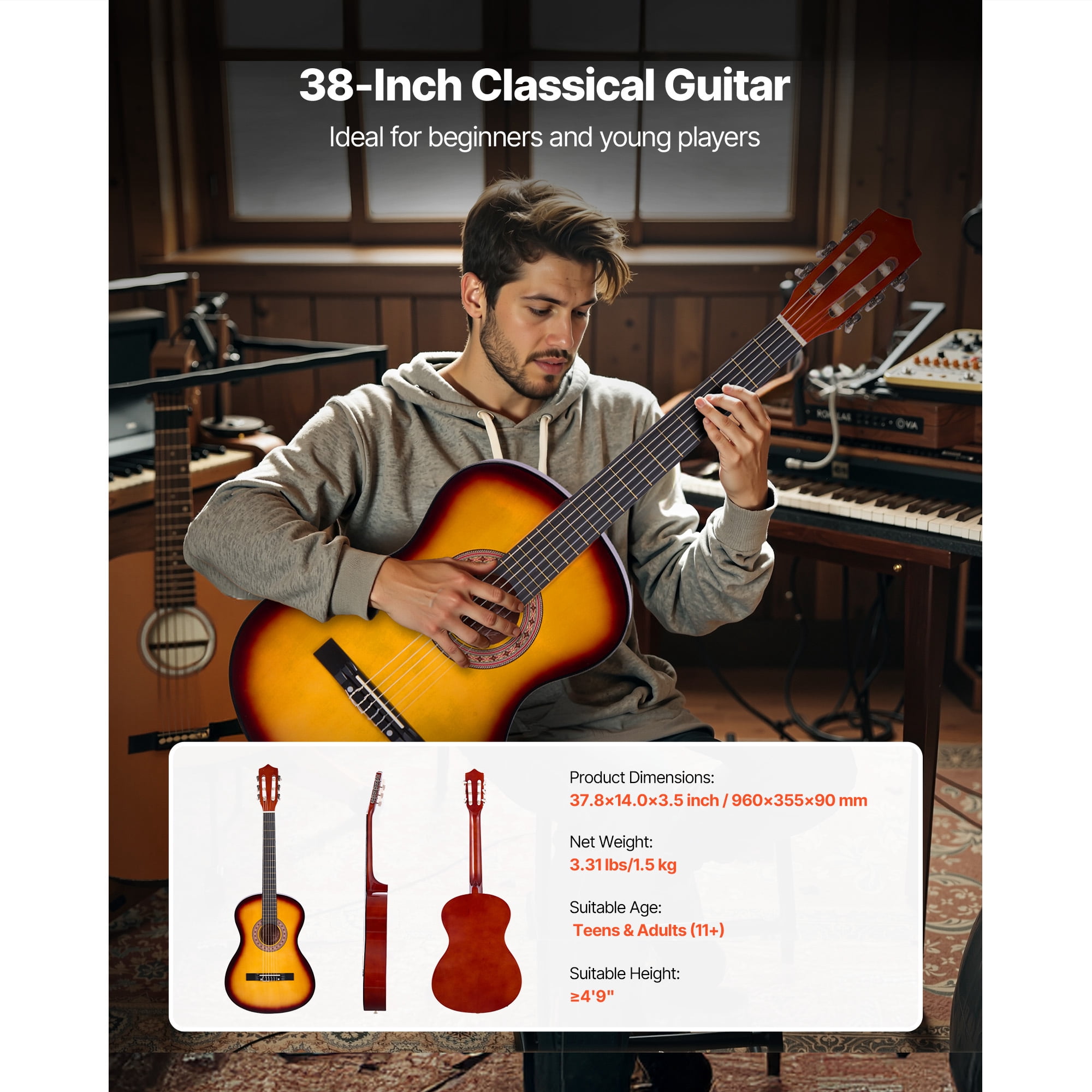 KFFKFF 38-Inch Classical Guitar Starter Set, Wooden Acoustic Guitar with Nylon Strings, Gig Bag, Strap, Tuner, Extra Strings, Picks, and Capo, Ideal for Beginners, Teens, Adults, and Students