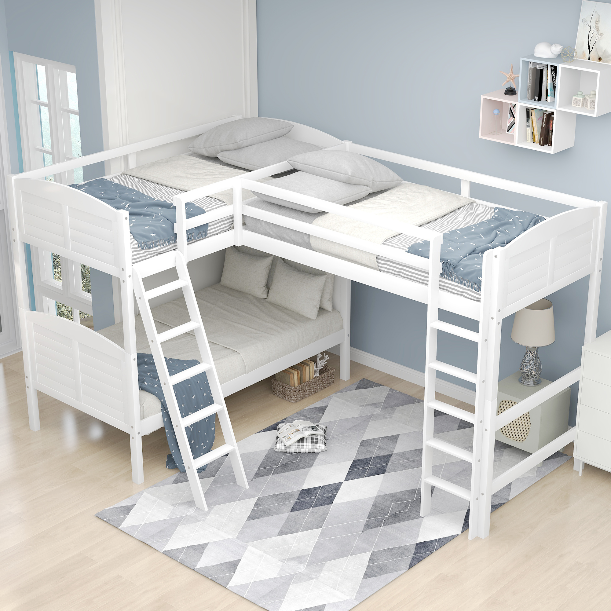 EUROCO LShaped Twin Bunk Bed and Loft Bed for Kids Room, White