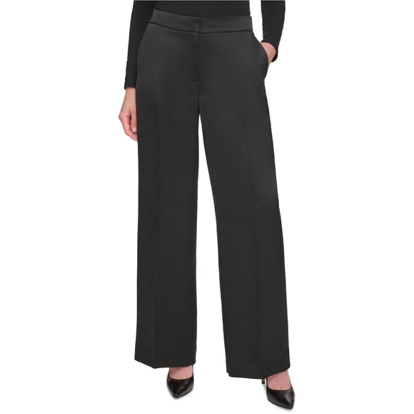 DKNY Womens Satin Wide Leg Trousers Relaxed Dress Pants, black, Petite, 12P