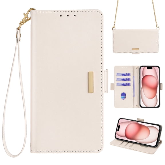 ELEHOLD for Samsung Galaxy A16 5G Wallet Case for Women Men with Gold Shoulder&Hand Strap Detachable Lanyard,PU Leather Kickstand Shockproof Protective Case for Samsung Galaxy A16 5G,White