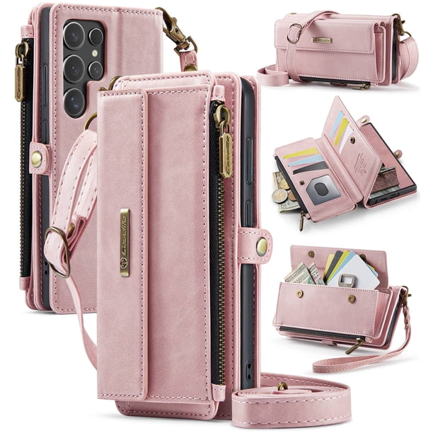 Funda tipo cartera para Samsung Galaxy S25 Ultra, de piel sintética con bloqueo RFID, con función atril, correa para la muñeca, cremallera y ranura para tarjetas de crédito