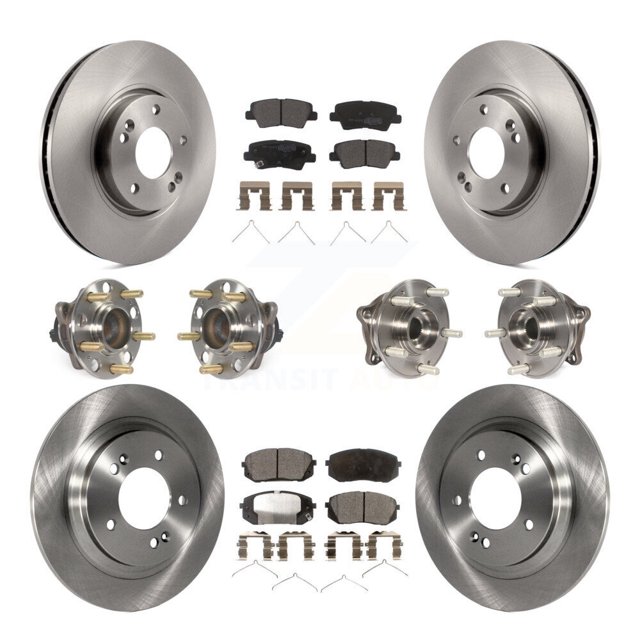 Transit Auto Front Rear Hub Bearings Assembly Disc Brake Rotors and Semi-Metallic Pads Kit (10Pc) for Car 2016 Hyundai Sonata FULL HYBRID EV-GAS (FHEV) engine with Electric Parking - KBB-126847