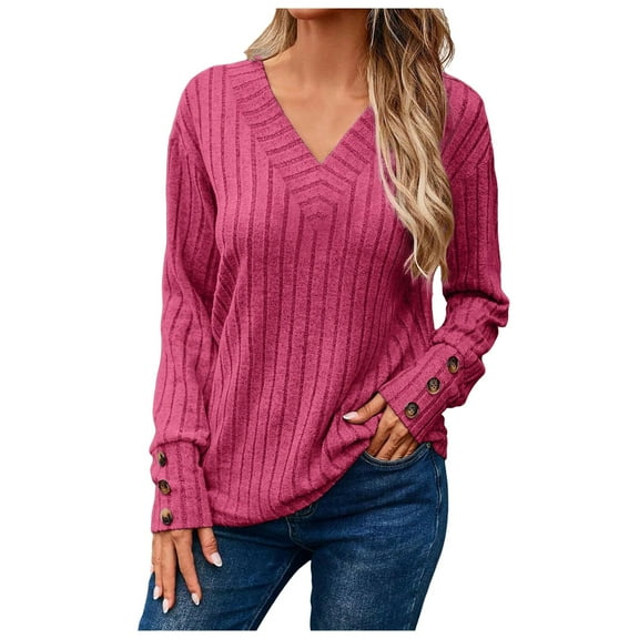 Fiaer V Neck Long Sleeve Sweaters for Women Casual Fall Tops Lightweight Tunic Fashion Loose Fit 2025 Plus Size Clothes Red XL
