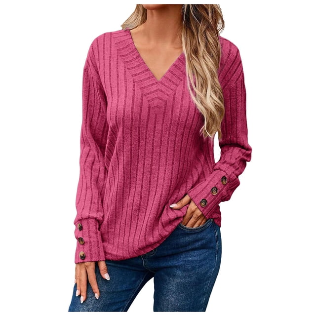 Kcodviy Women's Autumn and Winter Sweat Shirt for Woman Long Sleeve V Neck Women Pullover Sweaters for Fall and Winter Shirt Solid Color Button Soft Sweaters Up T Shirt