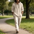 thumbnail image 2 of Tracksuit 2 Piece Set For Men Linen Casual Suit Solid Color Hooded Long Sleeve Pullover Loose Fit Pants Lightweight Cozy Outfit, 2 of 4
