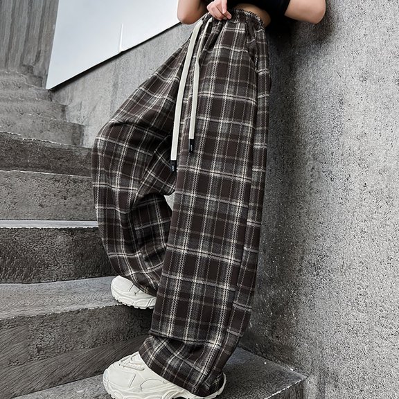 XIMIN Teen Girls Oversized Wide Leg Fleece-Lined Sweat Pants Plaid Baggy Sweatpants Goth Grunge Clothes Kids Streetwear Elastic Waist Straight Joggers Pants
