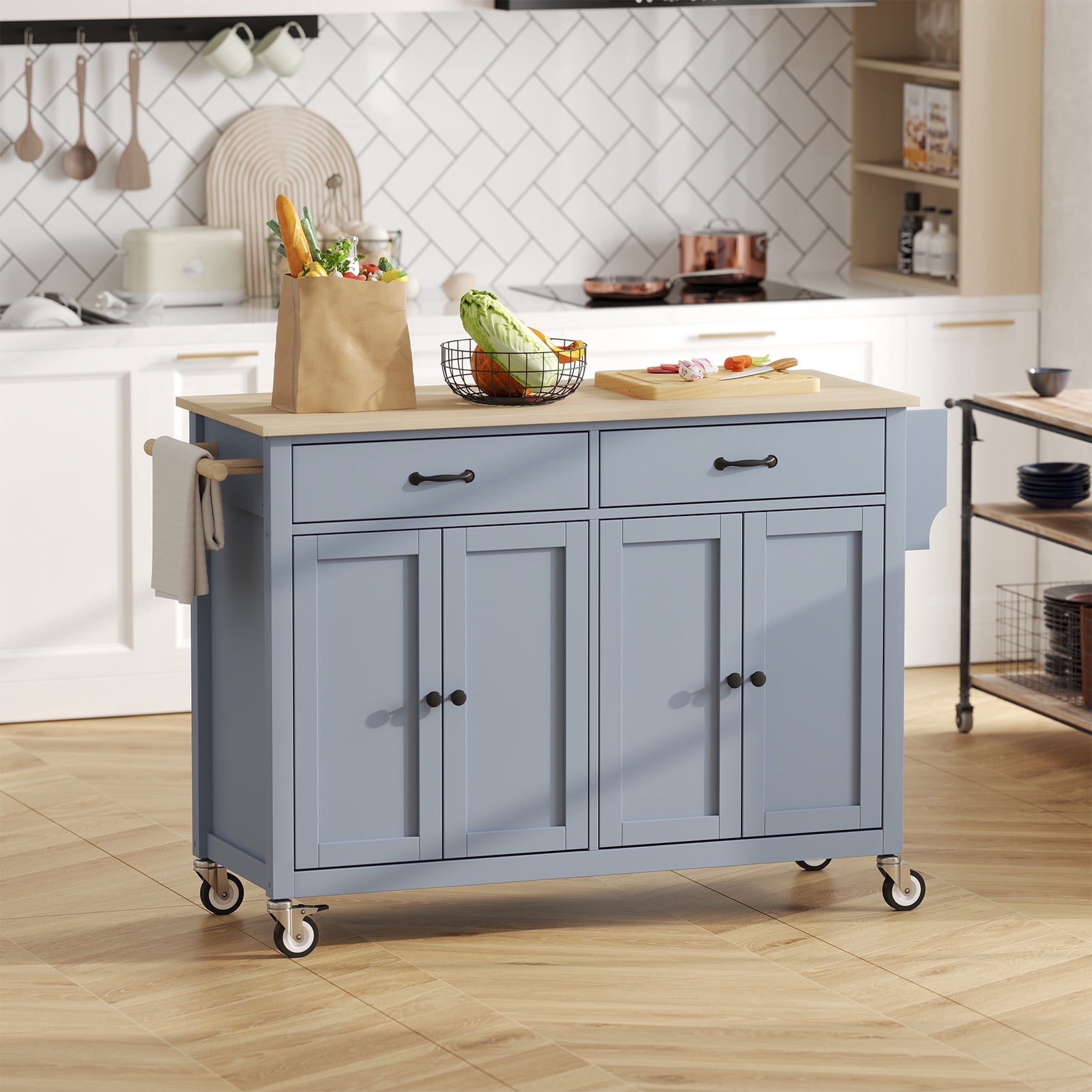 ZIVACATE Kitchen Island on Wheels 54in Rolling Cart with wood Top Spice Towel Rack Drawers, Grey