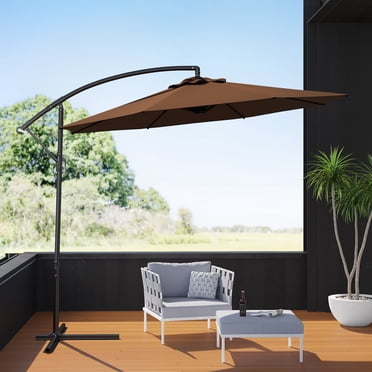 10' Ft Hanging Patio Umbrella Outdoor UV Resistant Sun Shade Offset With Cross Base Tan 06/22A