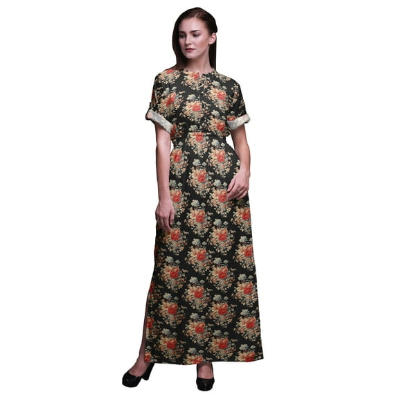Bimba Rayon Leaves & Floral Women s Printed Side Slit SummerÂ DressÂ Long Maxi Gown-XX-Large