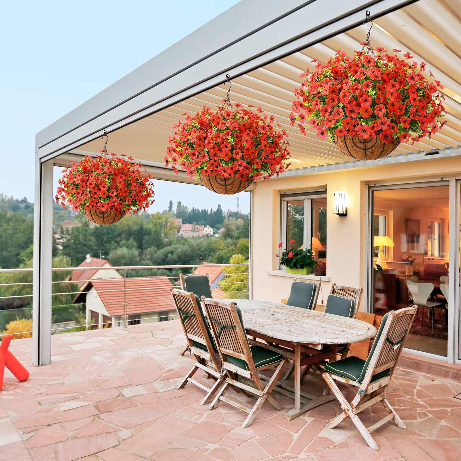 Artificial Faux Hanging Plants Flowers Basket Outdoor Porch Garden Summer Decoration,Fake Silk Daisy in Planter Realistic UV Resistant for Outside Home Patio Balcony Yard(Red)