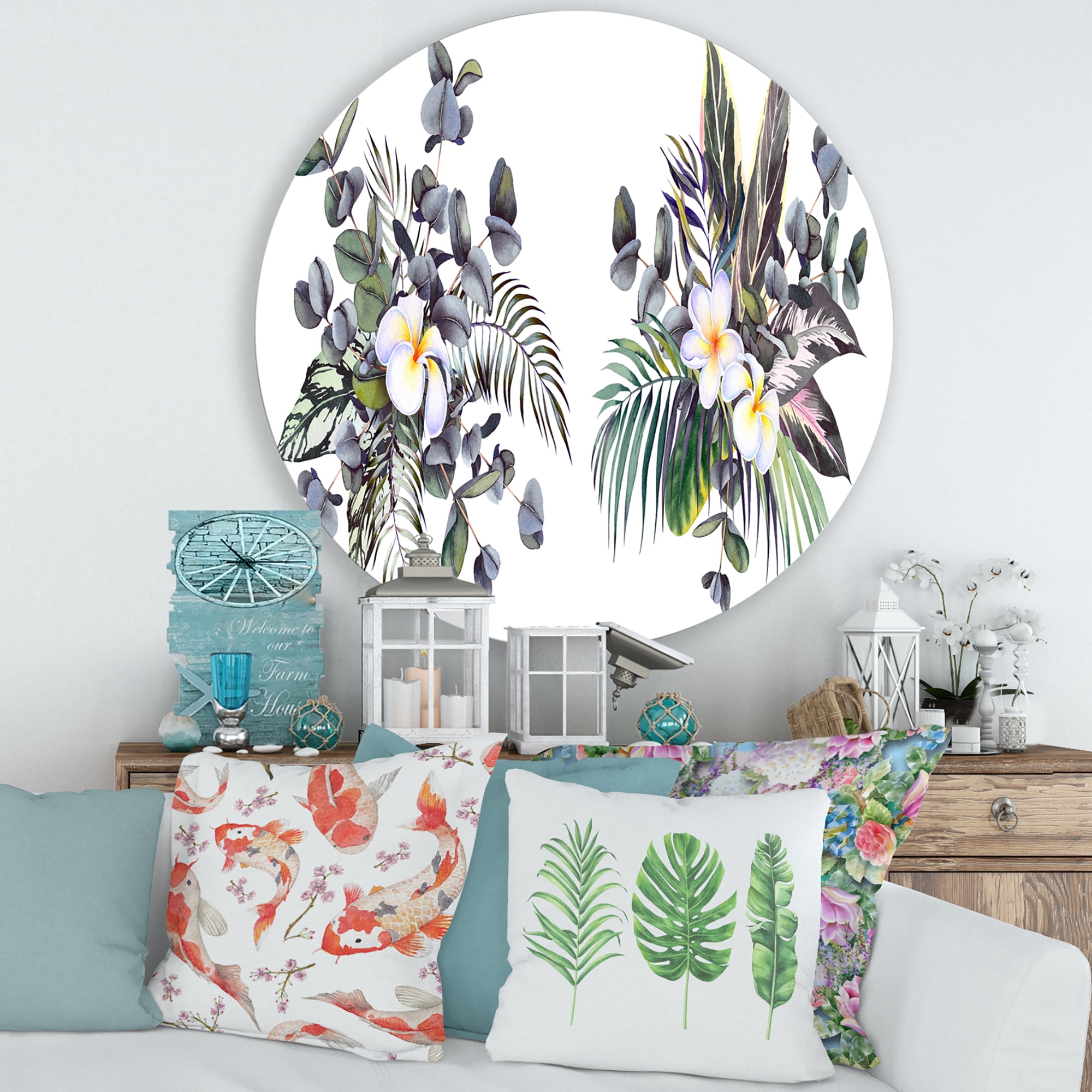 Designart 'Plumeria Frangipani Flowers With Tropical Bouquets' Traditional Circle Metal Wall Art 36x36 - Disc of 36