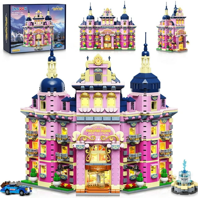 Juego de bloques de construcción INSOON Pink Estate House con luces, 1815 piezas