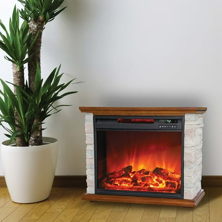 Lifesmart - 3-element Small Square Infrared Fireplace with Faux Stone Accent - Black
