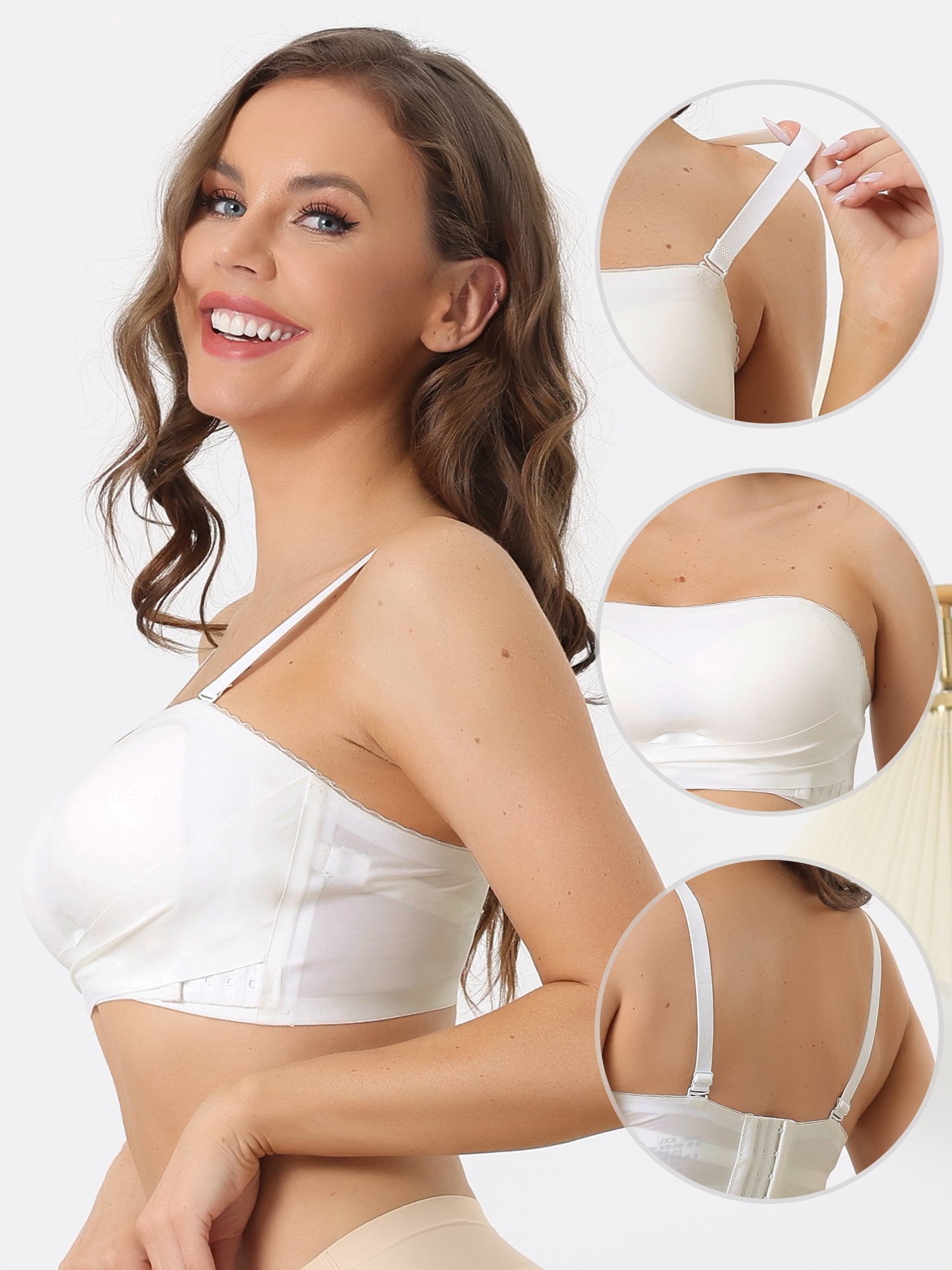 Unique Bargains Women's Strapless Bras Wirefree Adjustable Straps Push-up Removable Pads Bralette White XL