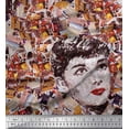 thumbnail image 1 of Soimoi Crepe Silk Fabric News Paper & Women Face Printed Fabric 1 Yard 42 Inch Wide, 1 of 1