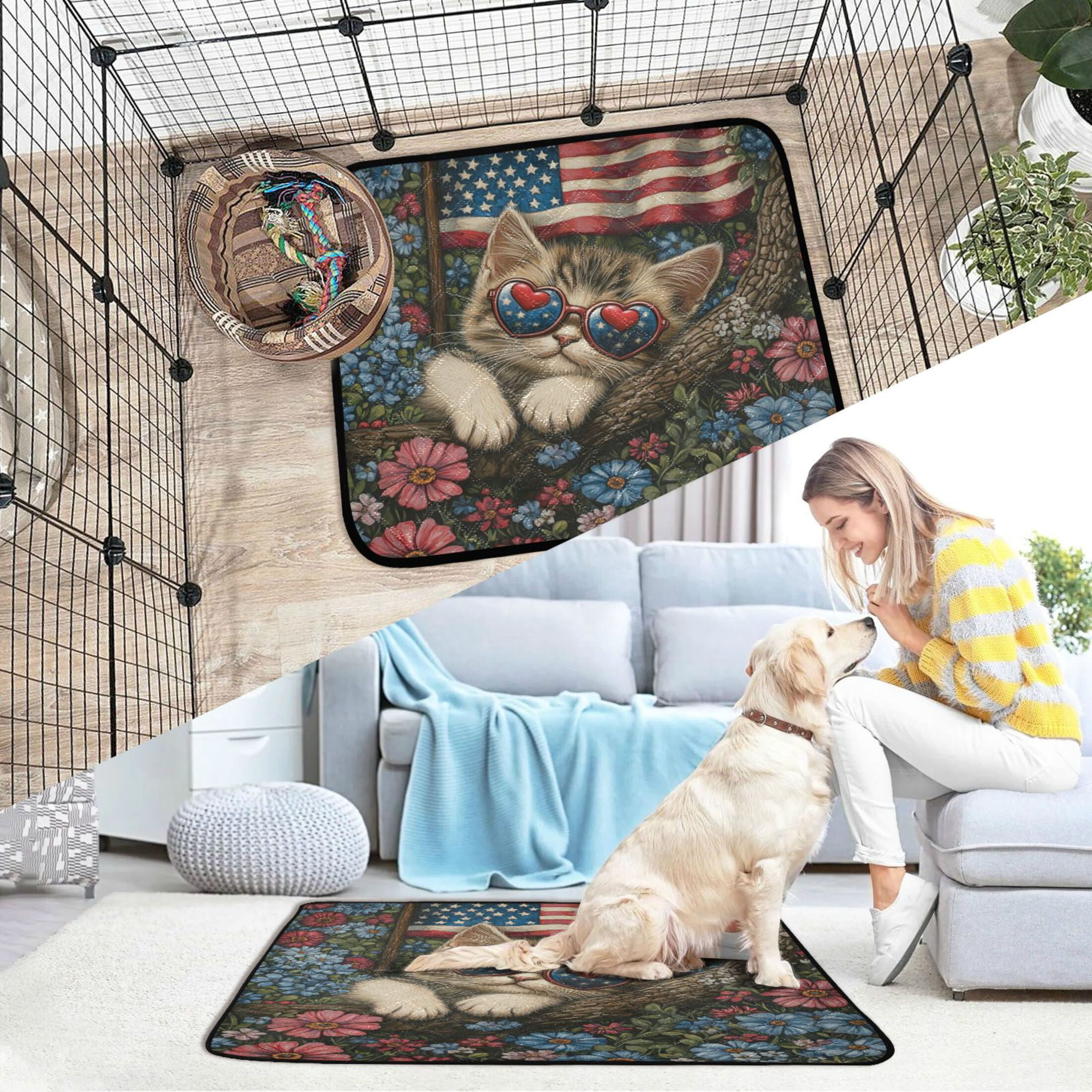 Qxltty American Flag Floral Cat Cat litter Pads Pet Set of 2 Diaper Mats Center Anti-leakage Layer Absorbent Soft and Comfortable