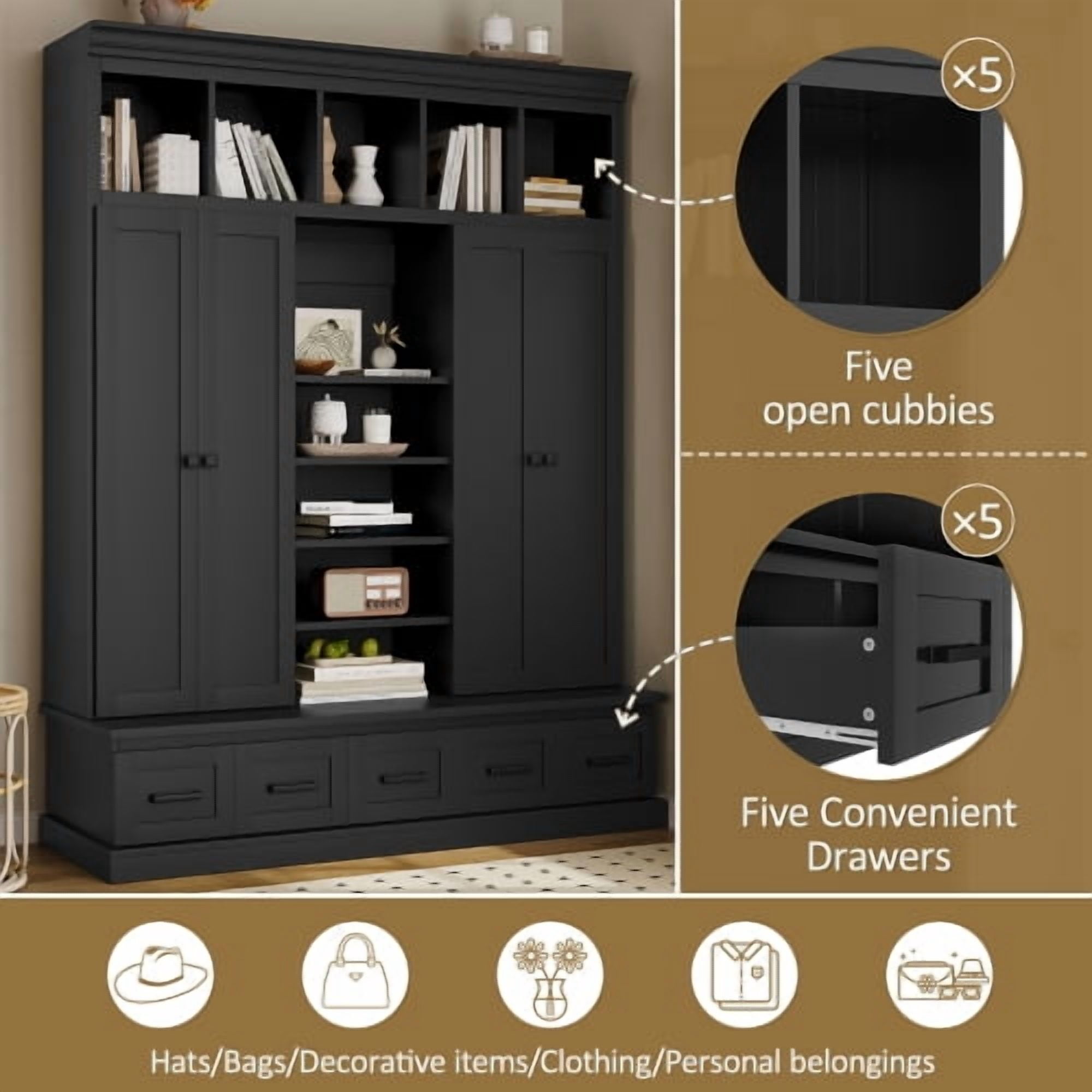 78.7" H Hall Tree with Bench and 5 Storage Cubbies, Modern Entryway Organizer Cabinet with 4 Doors, 5 Drawers, Adjustable Shelves, MDF, Metal Handles, for Hallway, Living Room, Black